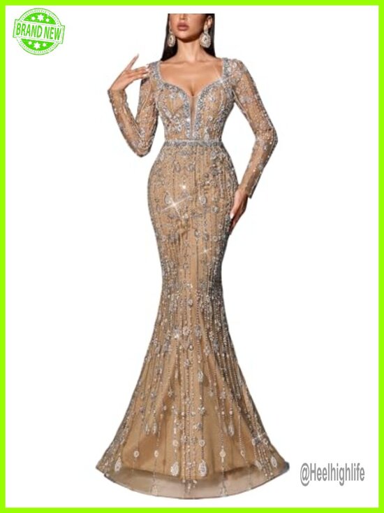 Dresses & Skirts - Sequin Beaded Mermaid Prom Dress Long Sleeve Formal Evening Gown